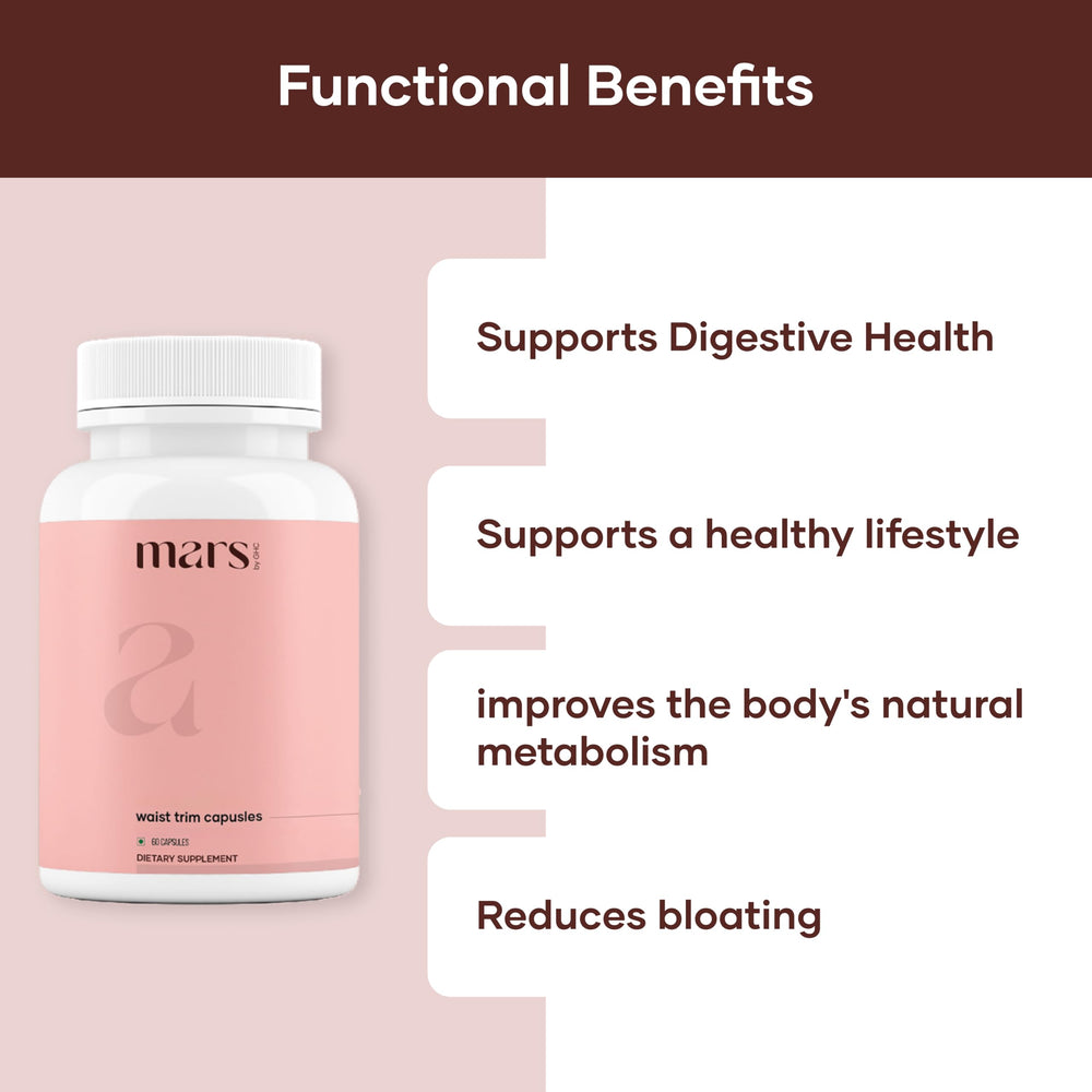 Mars Waist Trim Capsules bottle side reveals plant-based formula for gentle daily support.