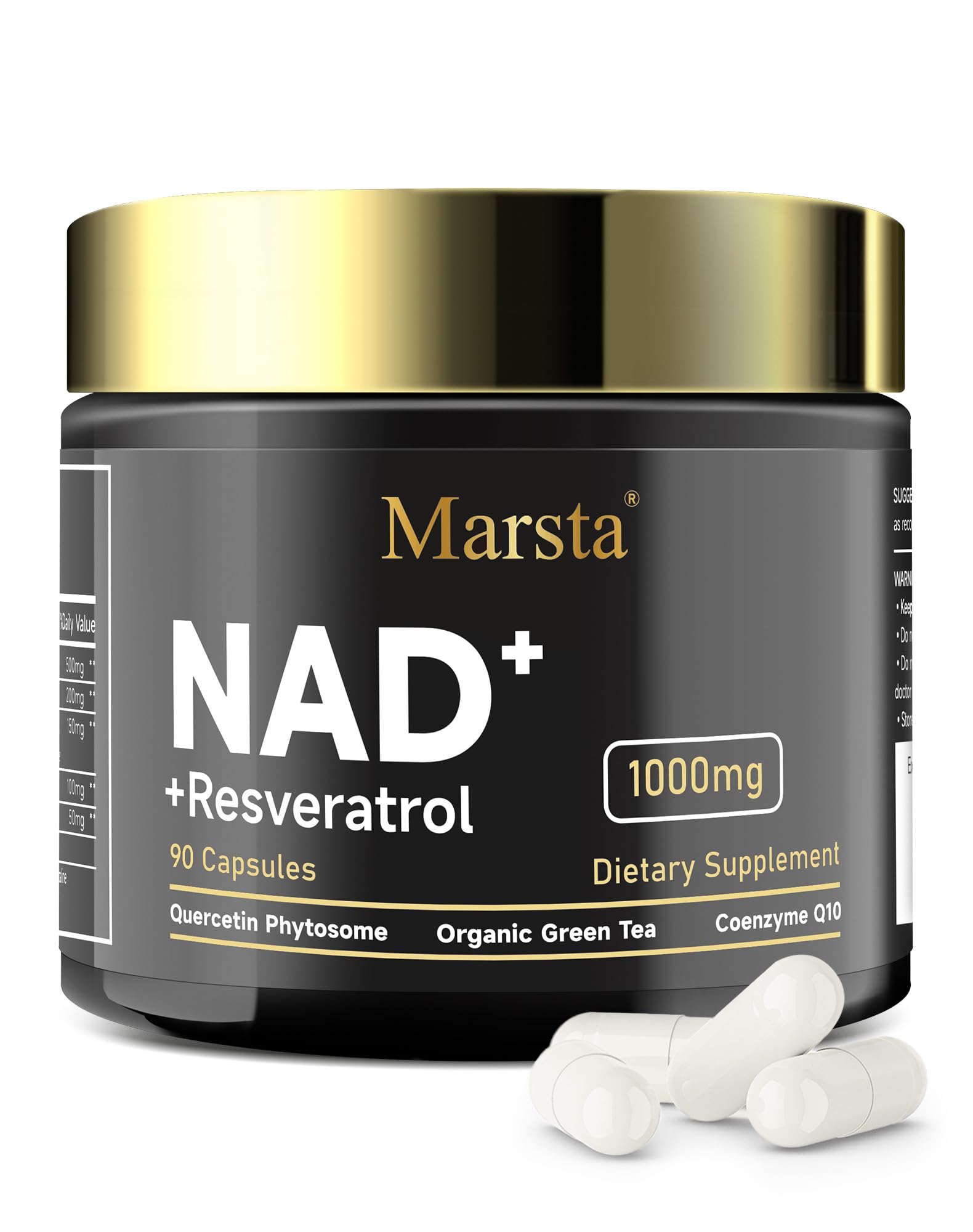 MARSTA Liposomal NAD+ Resveratrol bottle highlights energy support and antioxidant benefits.