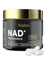 MARSTA Liposomal NAD+ Resveratrol bottle highlights energy support and antioxidant benefits.