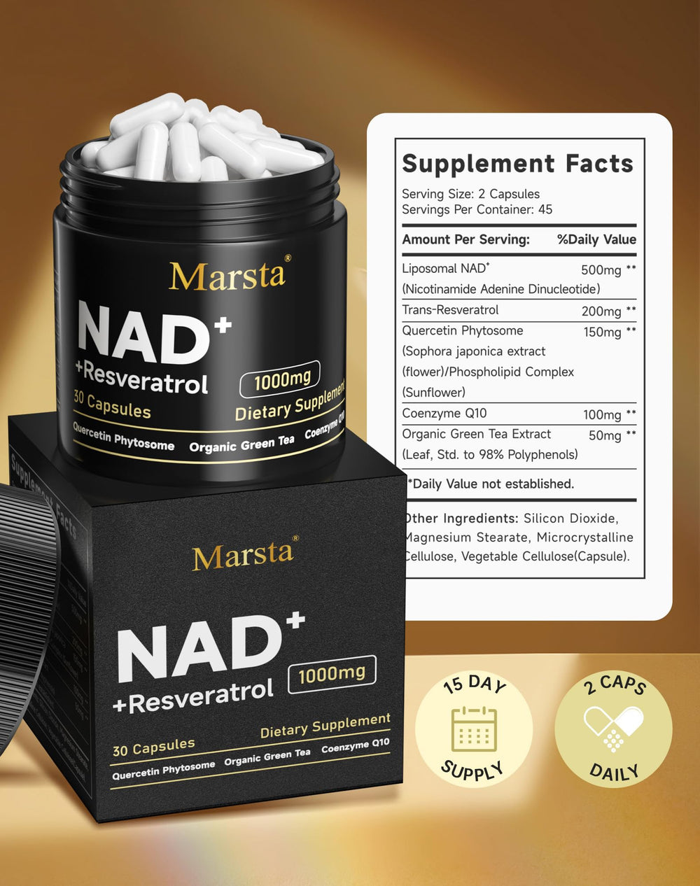MARSTA NAD ingredients resveratrol quercetin and green tea for antioxidant support