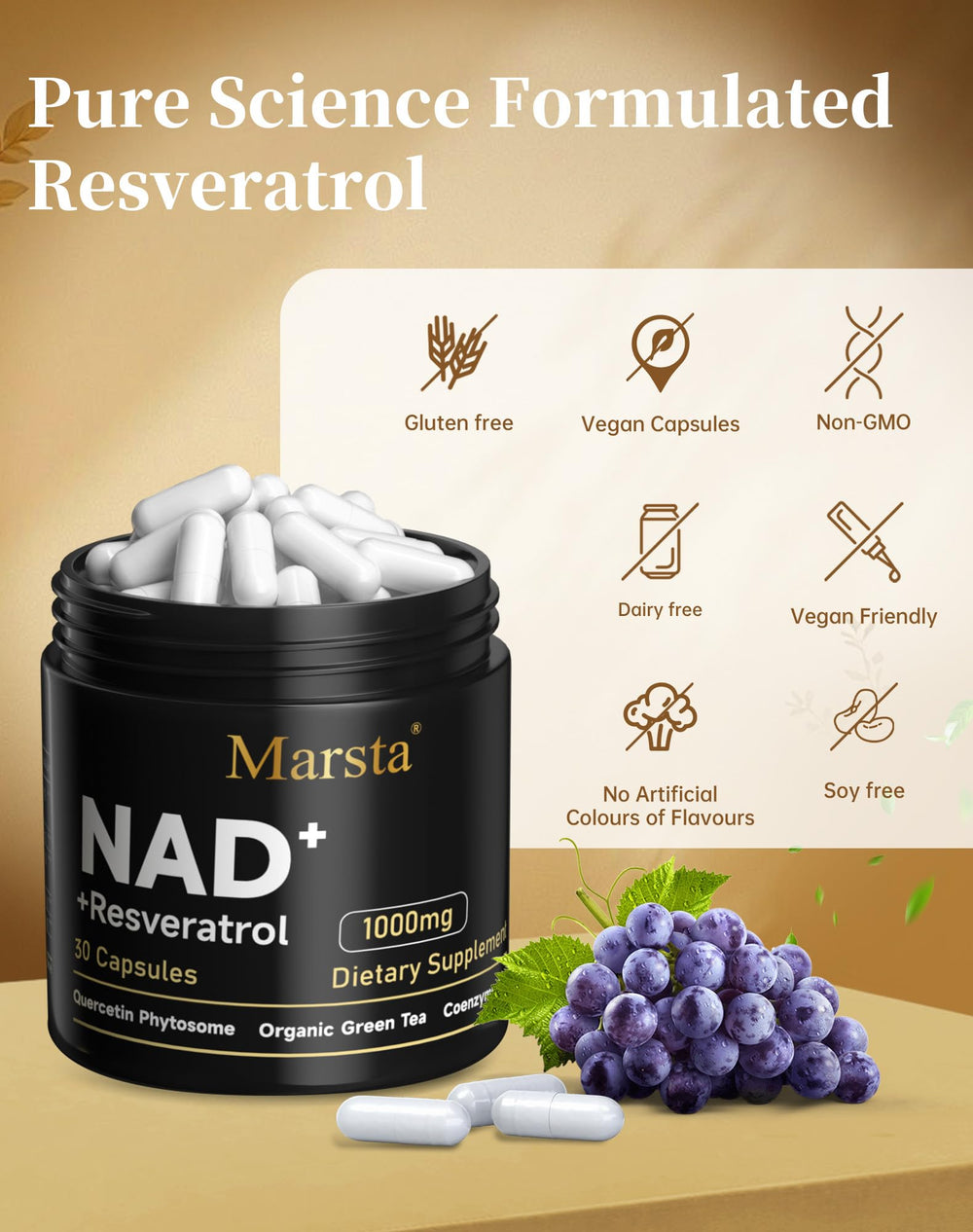 MARSTA NAD packaging shows gluten-free and non-GMO quality