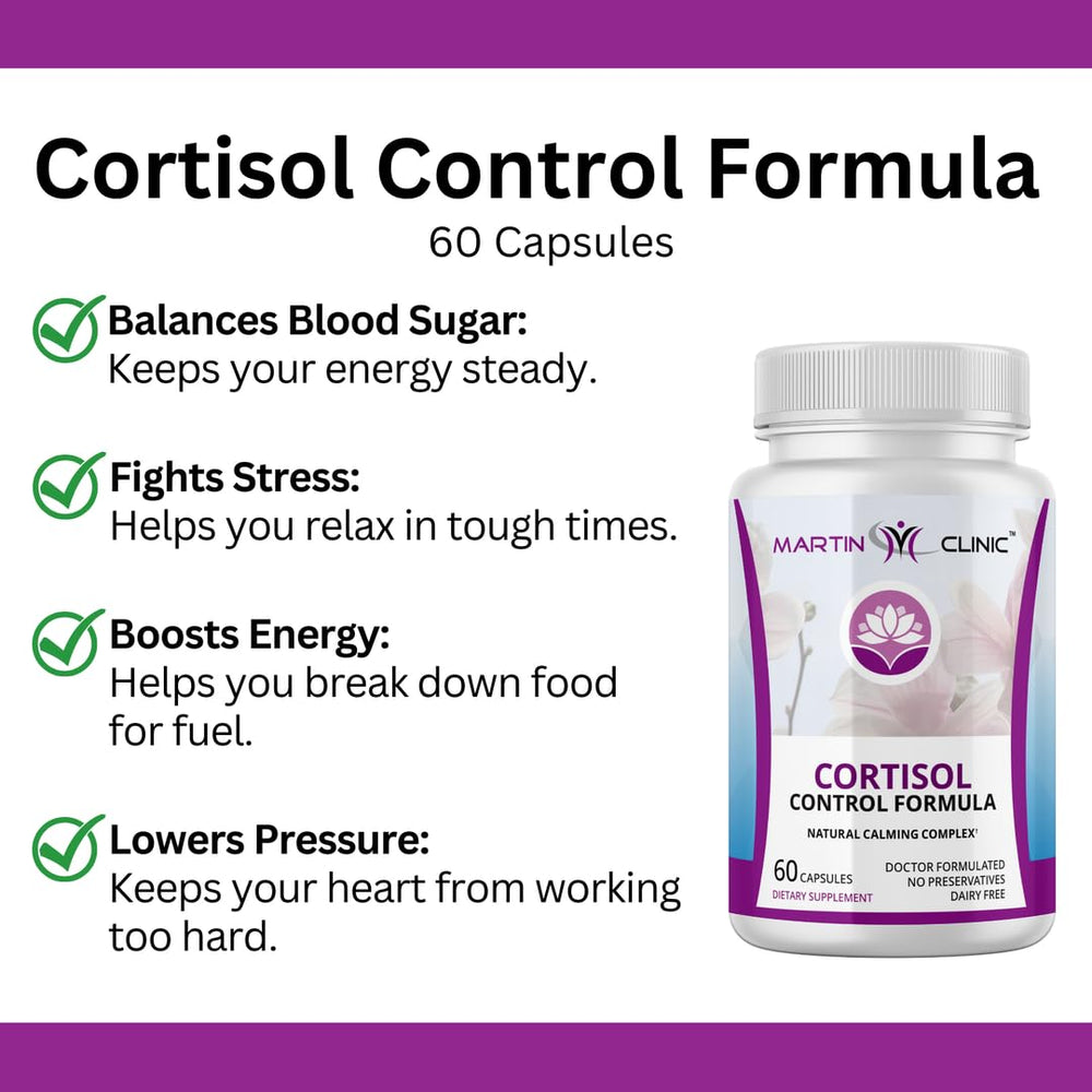 Martin Clinic Cortisol Stress Balance cap visible on bottle.