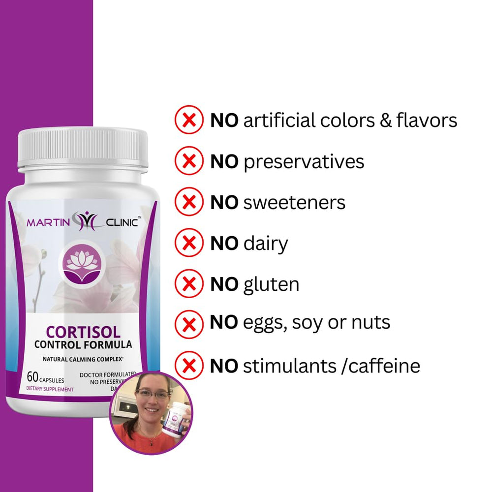 Martin Clinic Cortisol Stress Balance ingredients panel shows key components.
