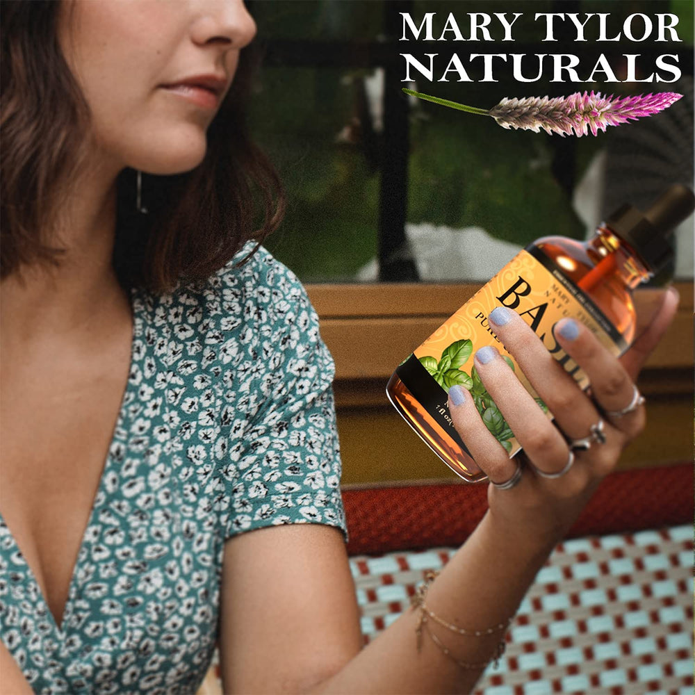 Amber glass bottle from Mary Tylor Naturals preserves basil oil quality