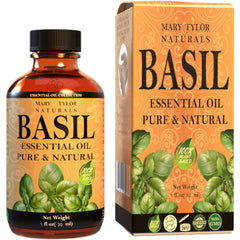 Mary Tylor Naturals basil oil bottle showing amber glass for purity and aroma preservation