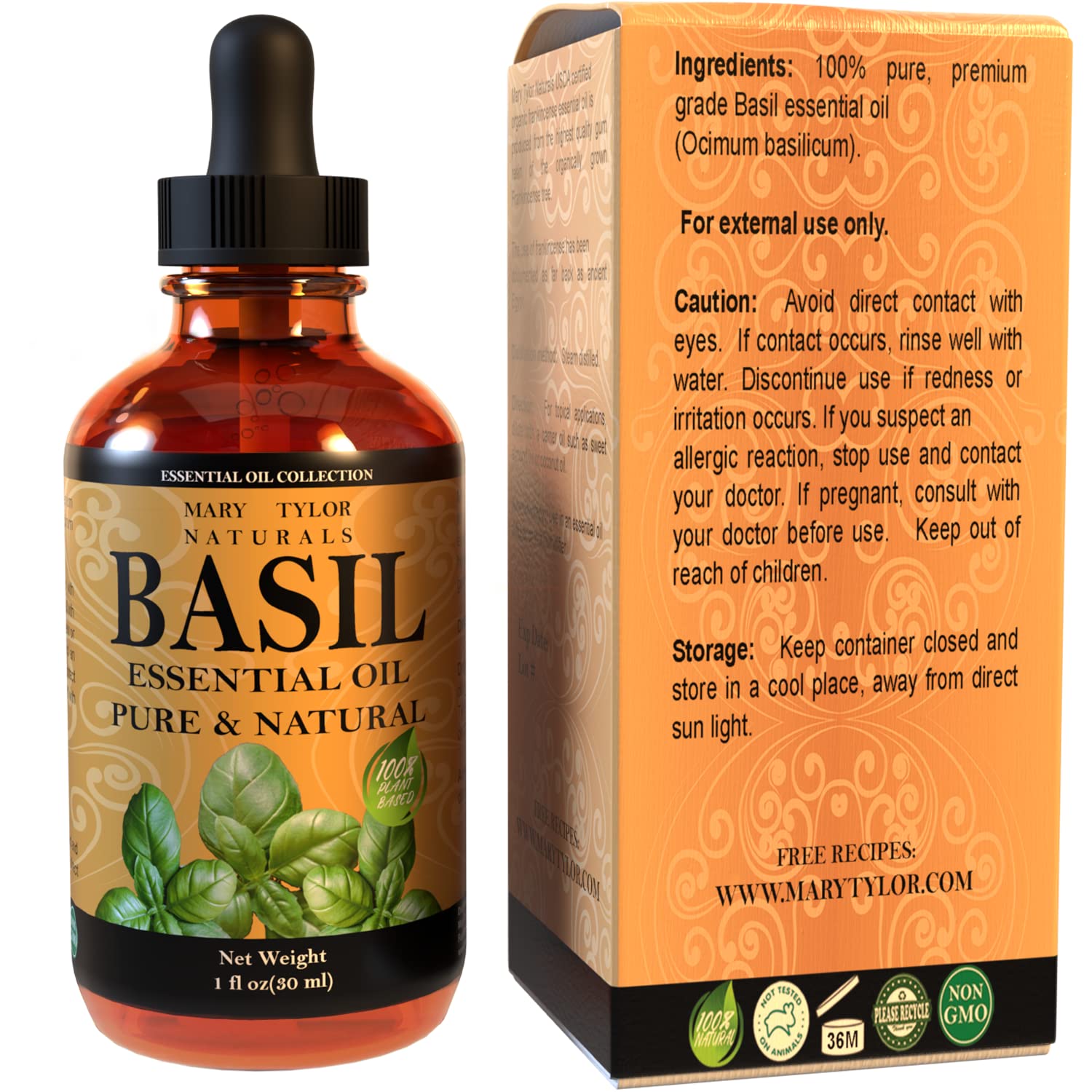 Natural ingredients label on Mary Tylor Naturals basil oil bottle