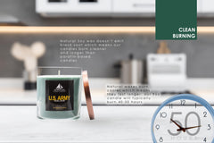 Maryland Candle Company Army 9oz amber-geranium scent close-up suggests rich woody notes for a refined ambiance.