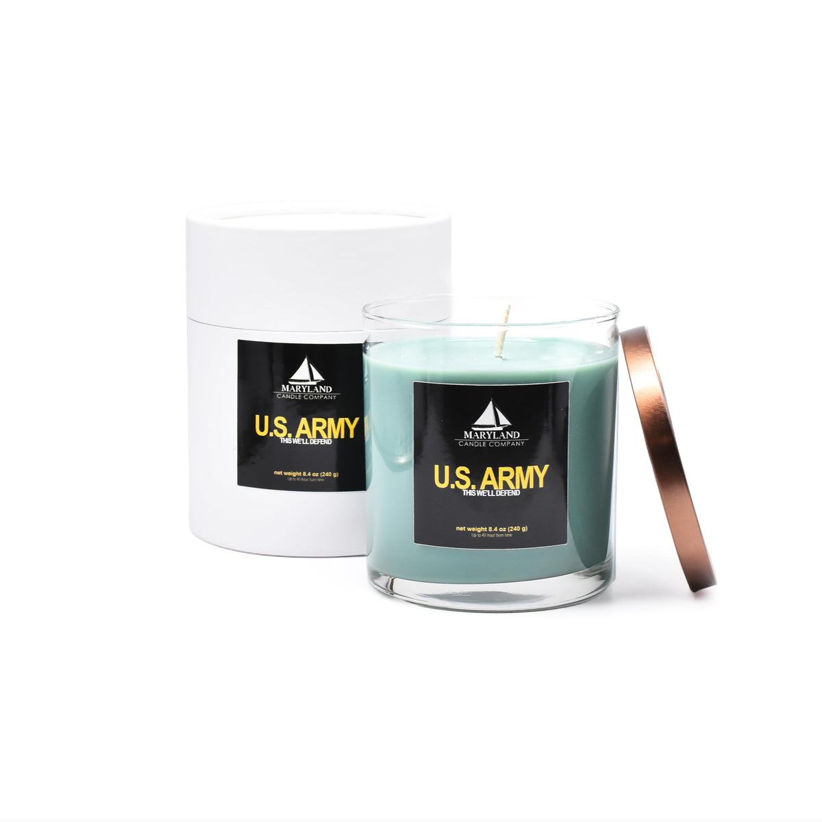 Maryland Candle Company Army 9oz label close-up highlights premium craftsmanship and bold fragrance.