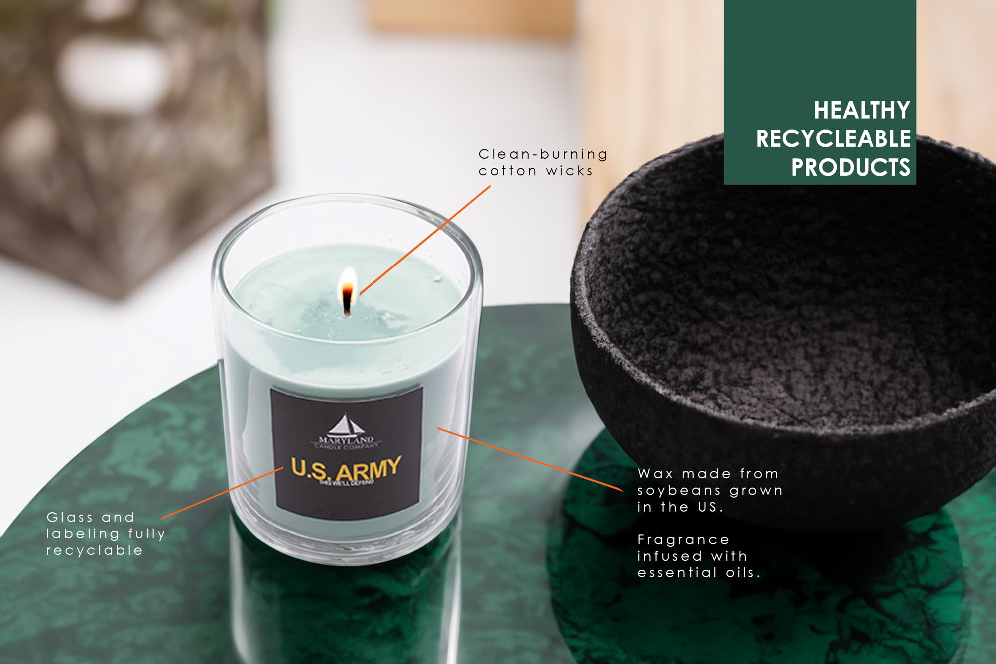 Maryland Candle Company Army 9oz wax texture close-up indicates hand-poured luxury.