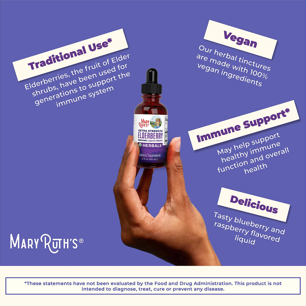 Dosage chart visible on MaryRuth Organics elderberry syrup packaging.