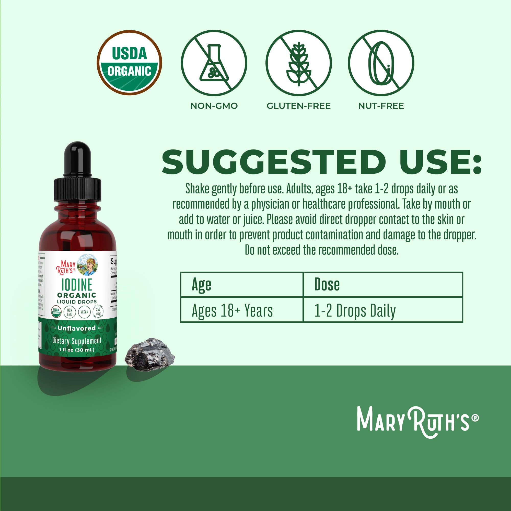 MaryRuth iodine liquid drops bottle and glass show 450 servings and long-lasting supply