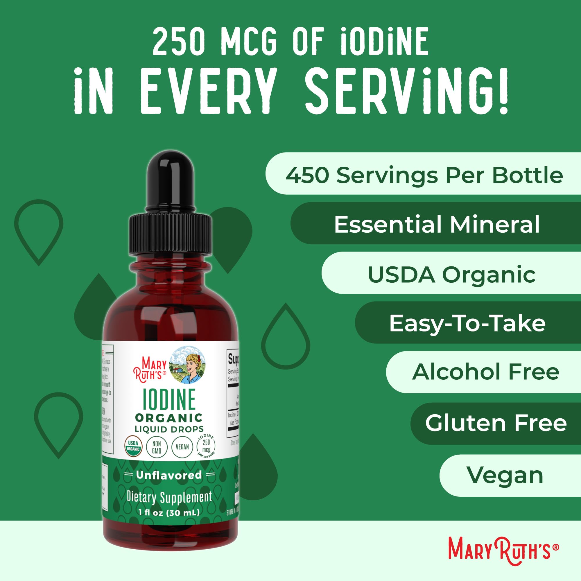 MaryRuth iodine liquid drops label emphasizing non-GMO, gluten-free, soy-free attributes