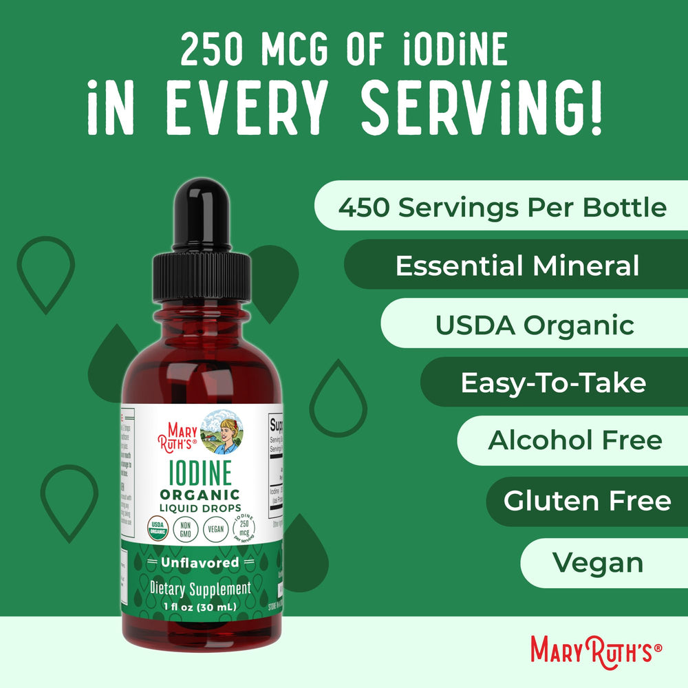 MaryRuth iodine liquid drops label emphasizing non-GMO, gluten-free, soy-free attributes
