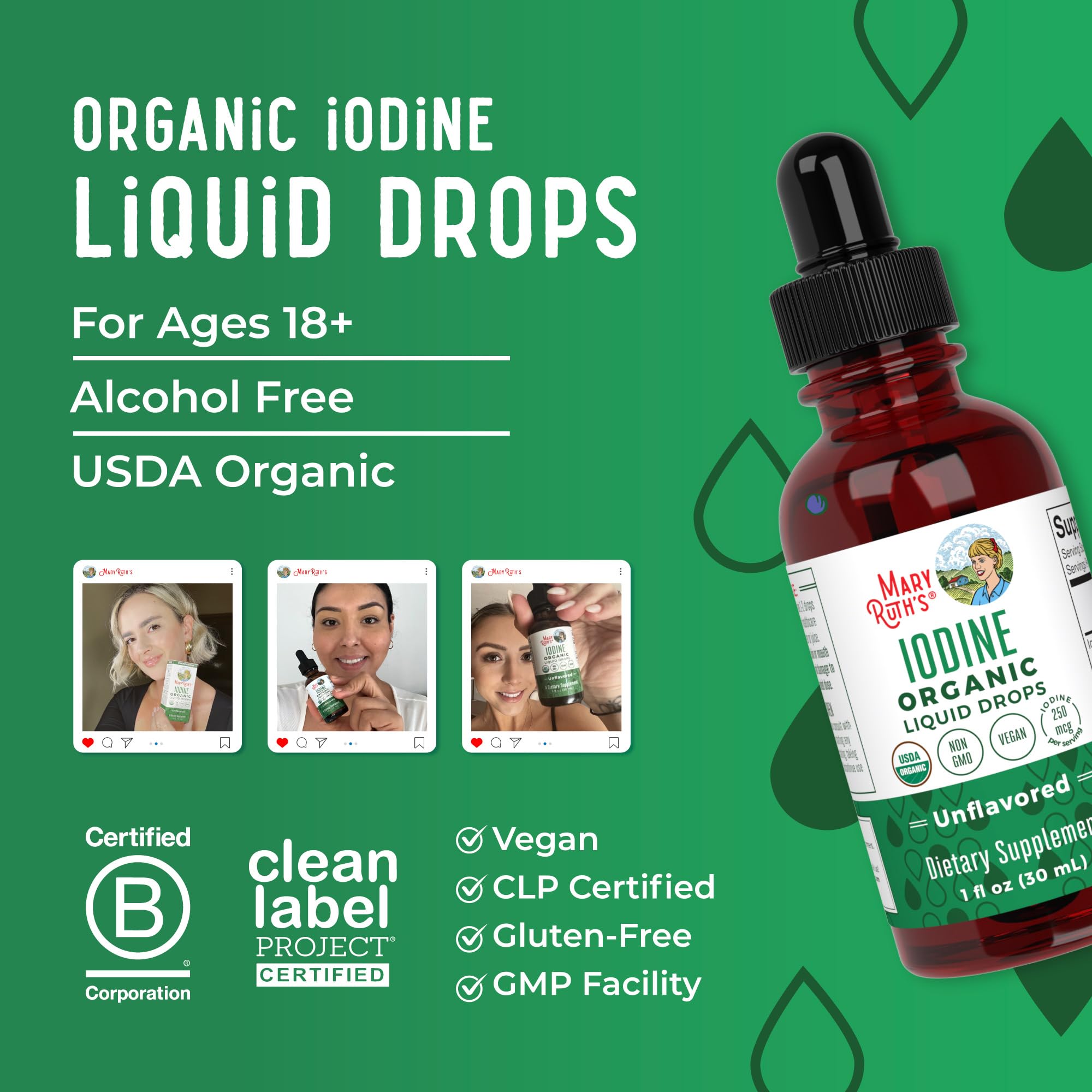 MaryRuth iodine packaging with organic badge communicating quality