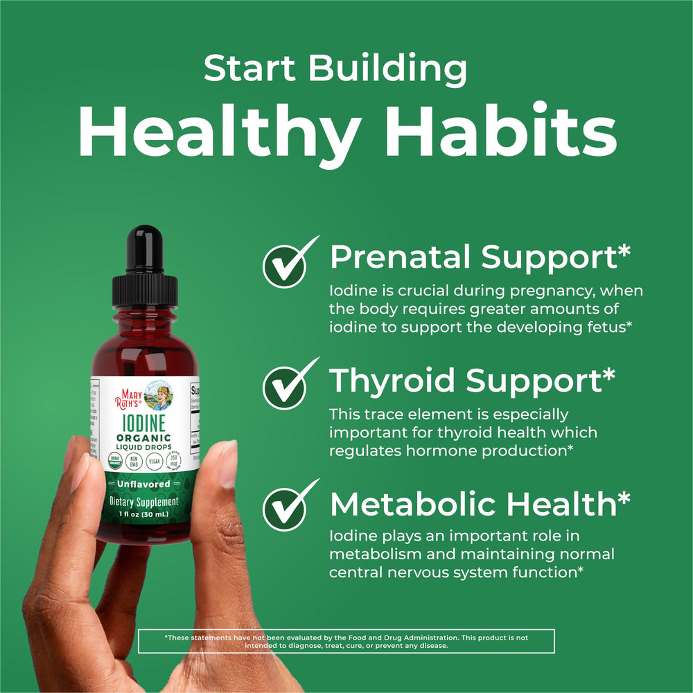 MaryRuth iodine bottle packaging with organic and vegan certifications