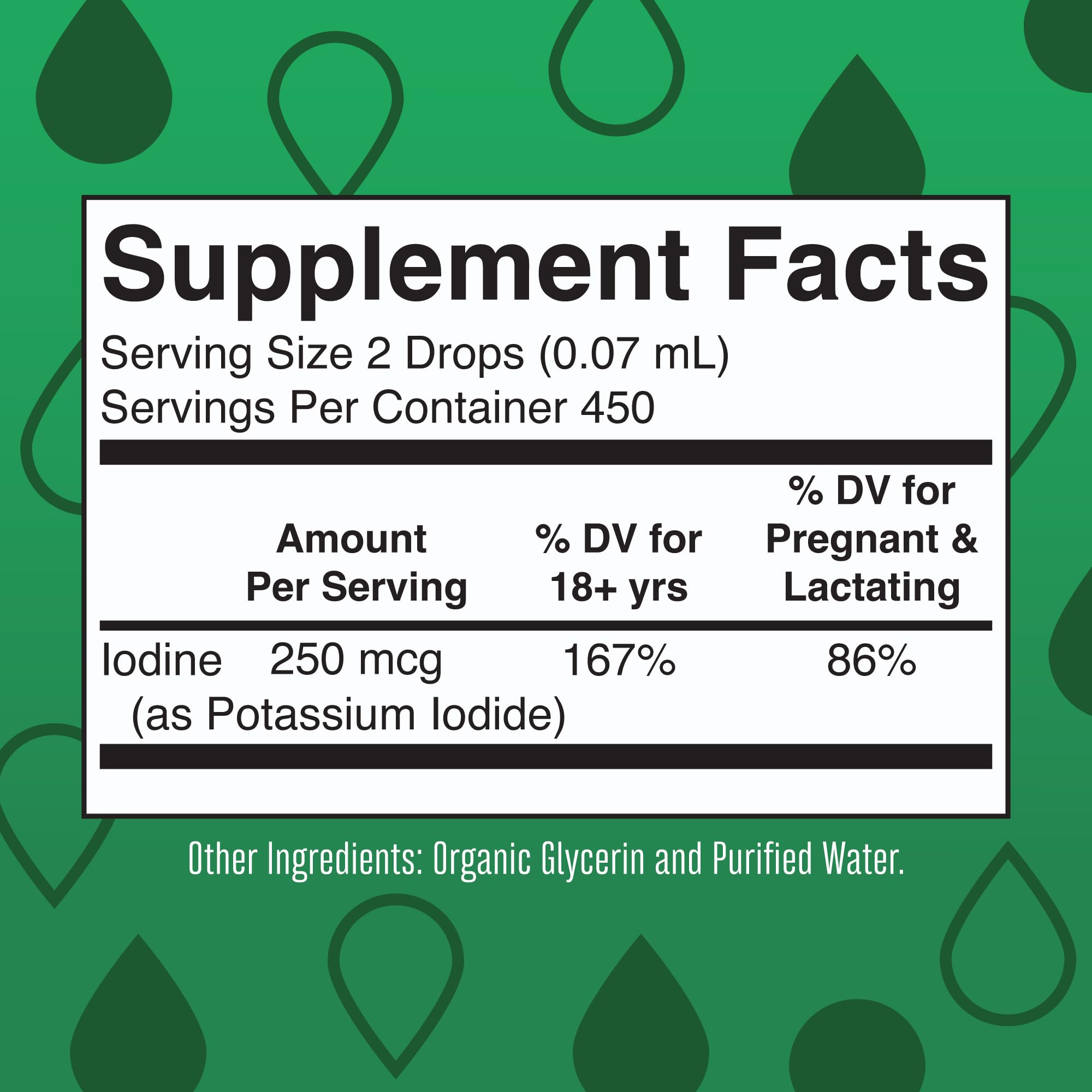 MaryRuth iodine liquid drops pour illustration emphasizing convenient dosage for vegetarians and prenatal use