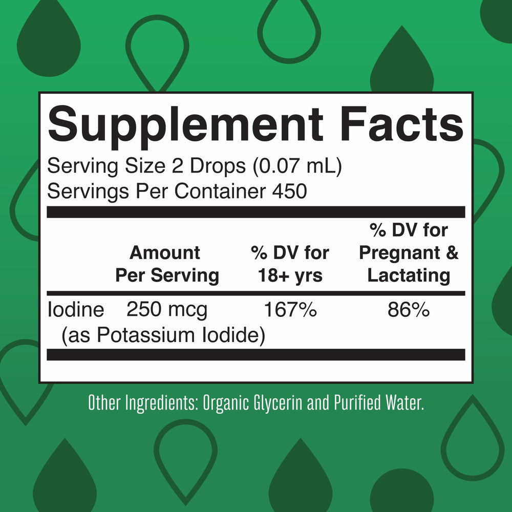 MaryRuth iodine liquid drops pour illustration emphasizing convenient dosage for vegetarians and prenatal use