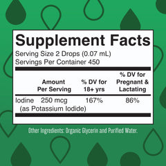MaryRuth iodine liquid drops pour illustration emphasizing convenient dosage for vegetarians and prenatal use