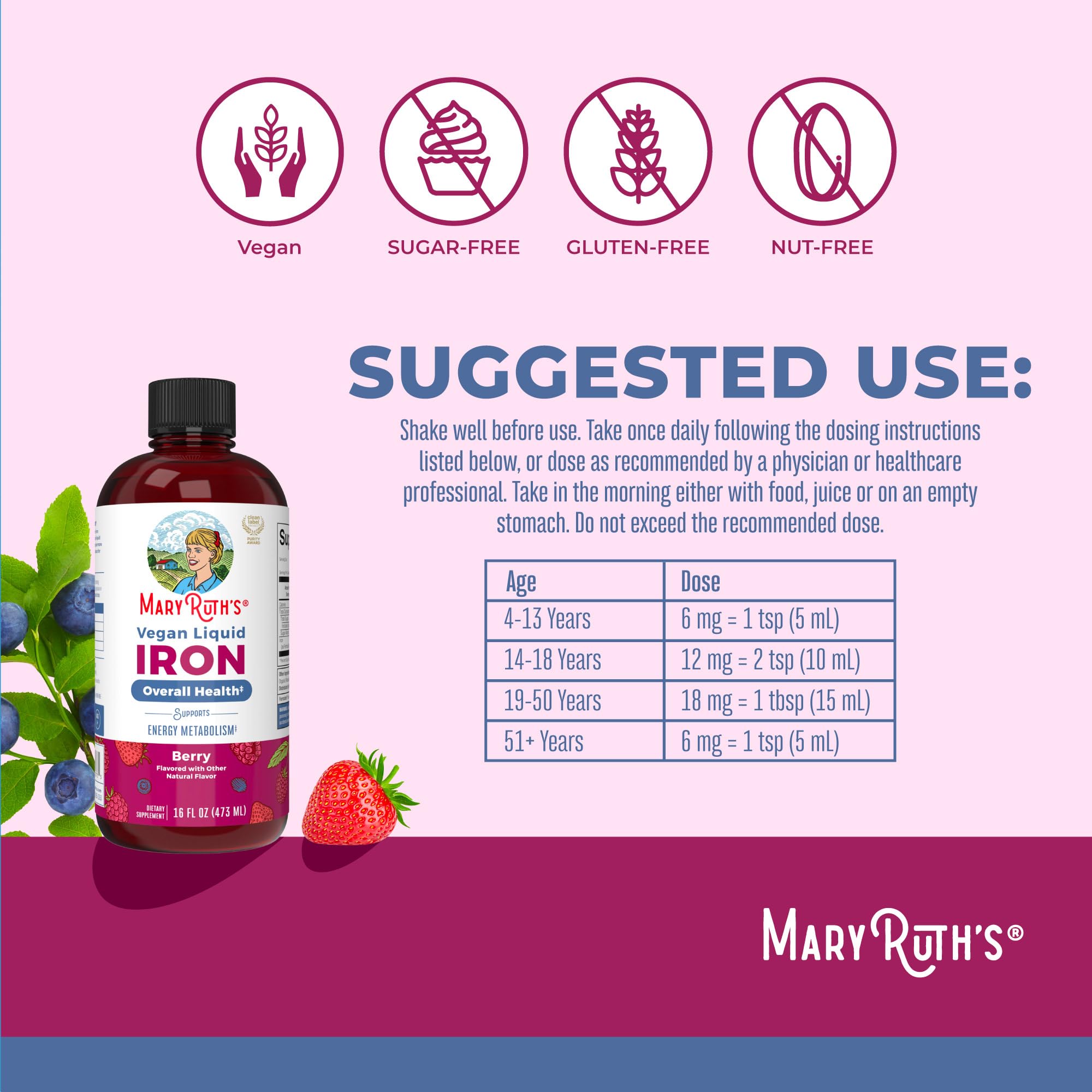 Child-friendly MaryRuth Iron Liquid dose for ages 4 and up.