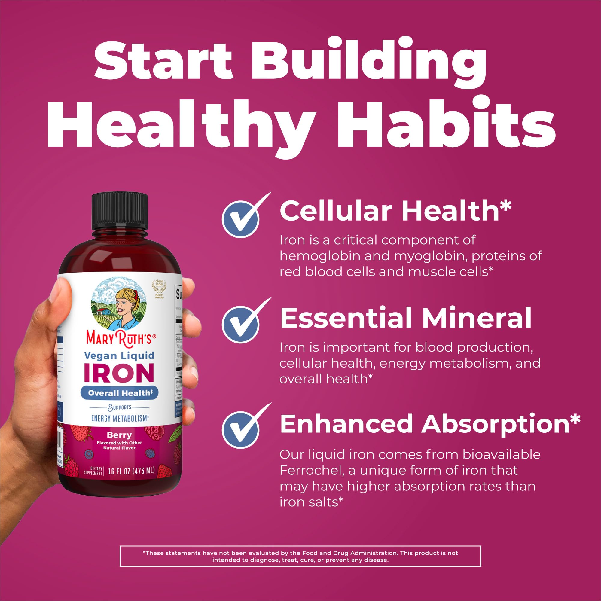 Nutrition label highlights vegan, non-GMO, gluten-free attributes of MaryRuth Iron.