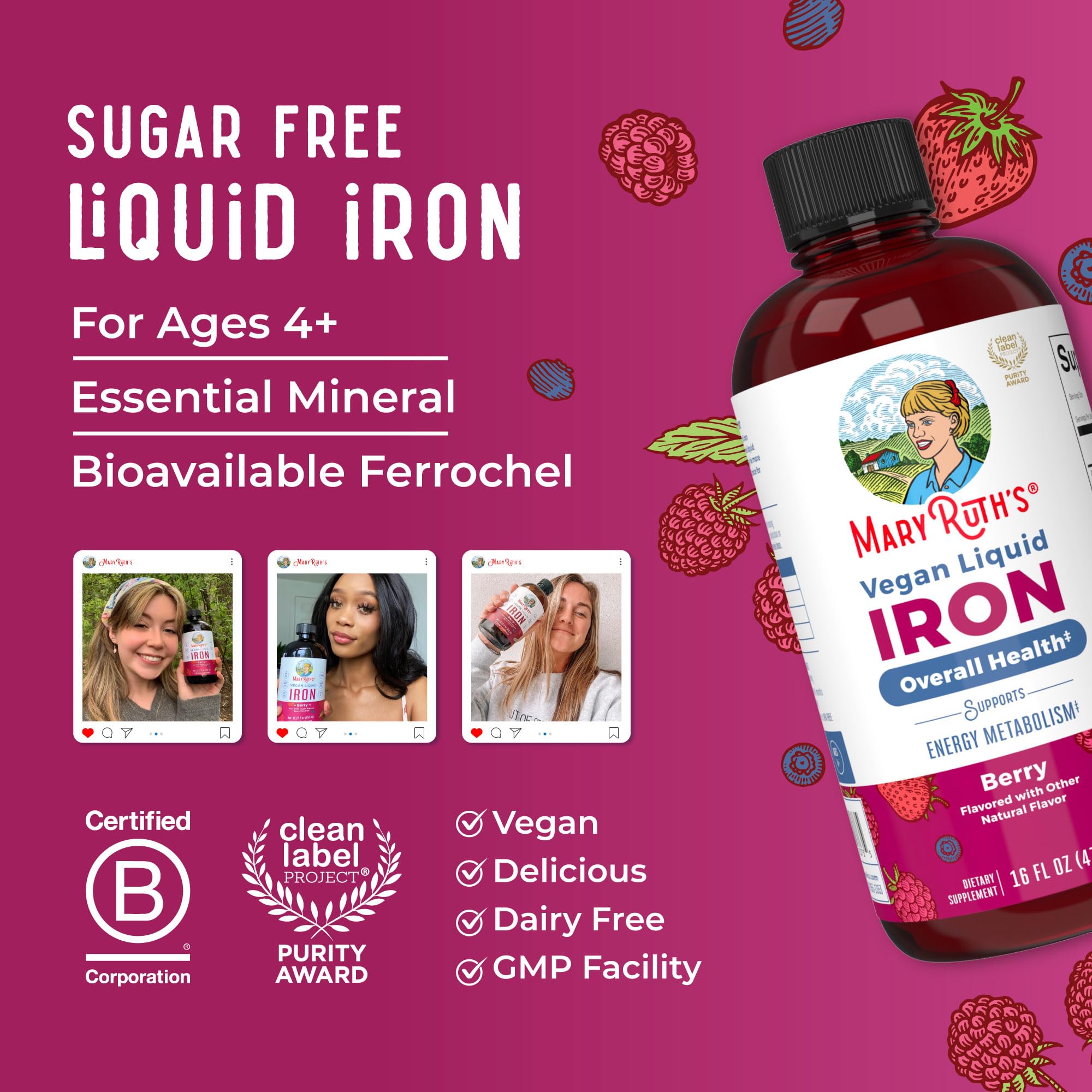 Sugar-free iron liquid formula designed to support daily energy without sugar.