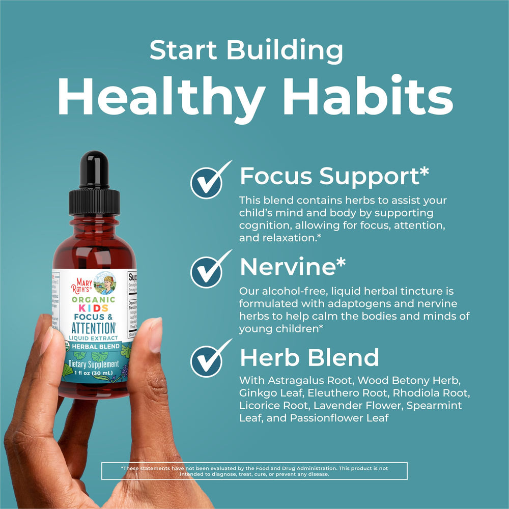 MaryRuth Organics Kids Focus Drops dosage information up to 30 drops per serving