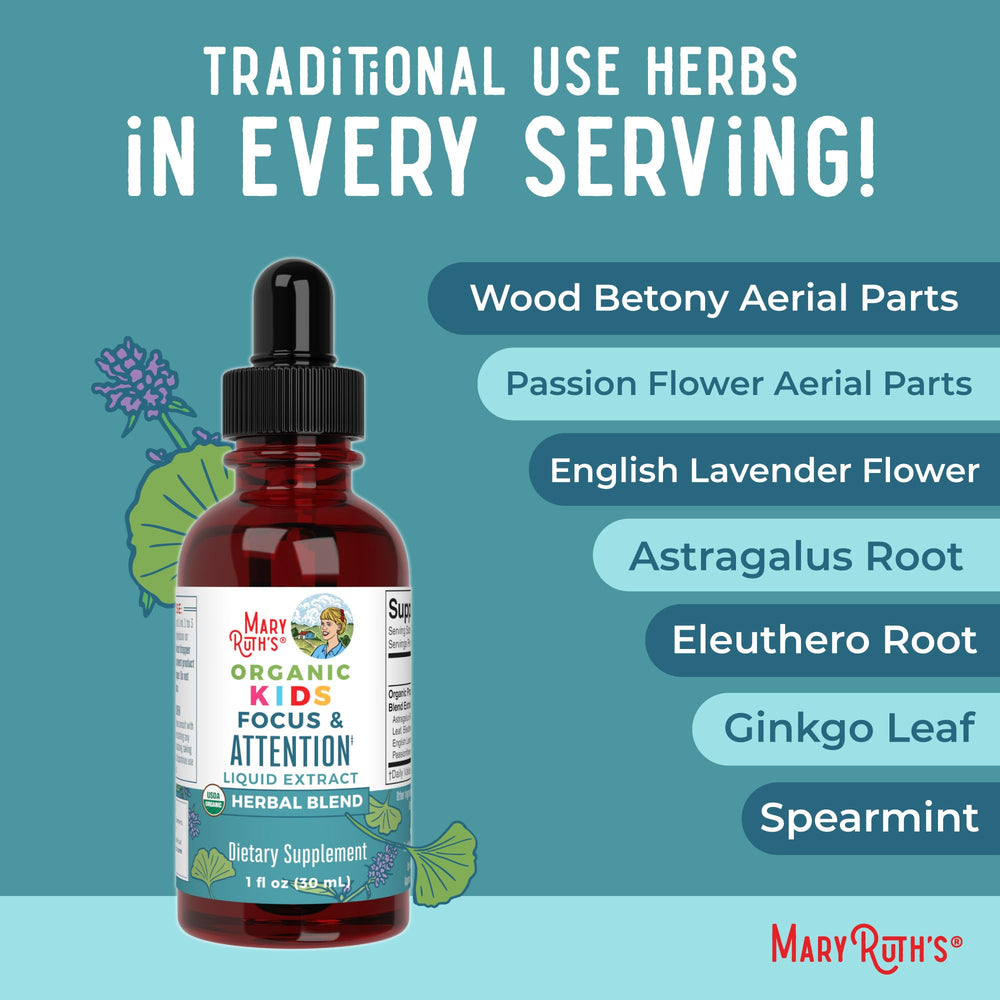 MaryRuth Organics Kids Focus Drops ginkgo image emphasizes cognitive comfort