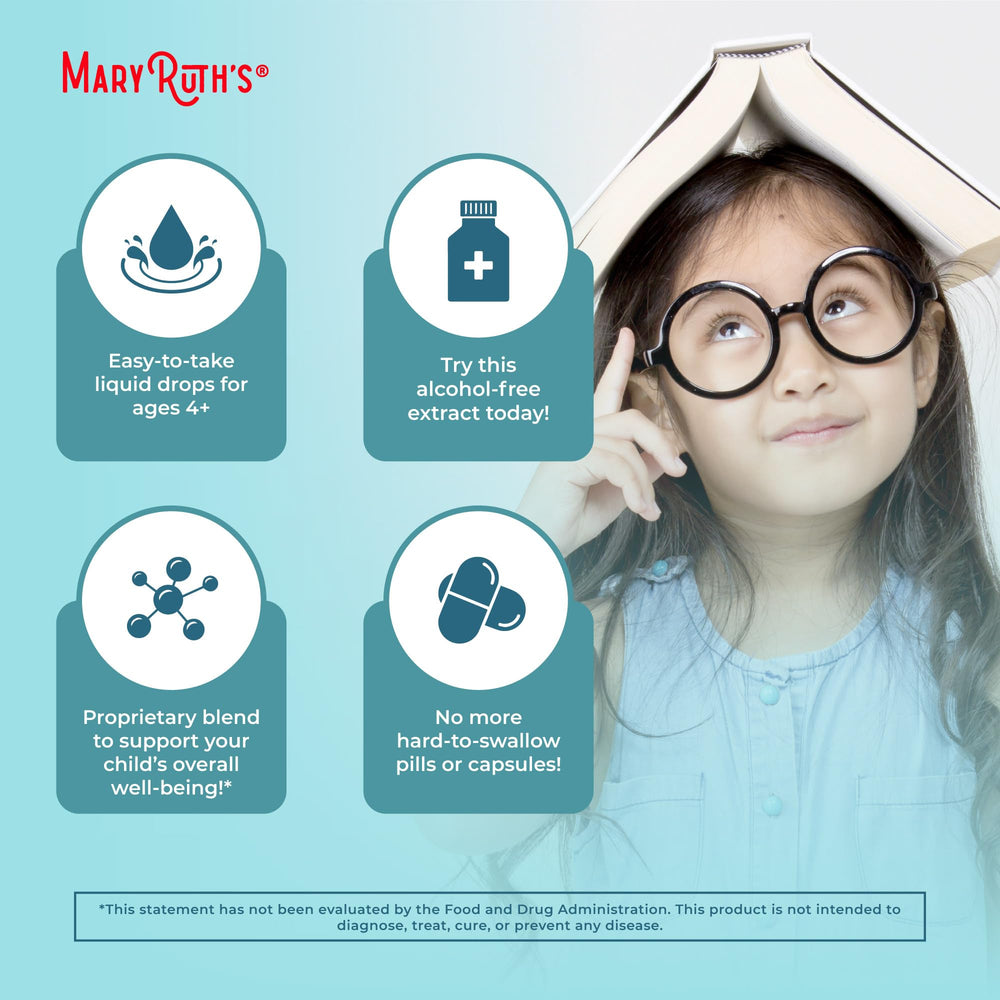 MaryRuth Organics Kids Focus Drops ingredients list highlights natural adaptogens