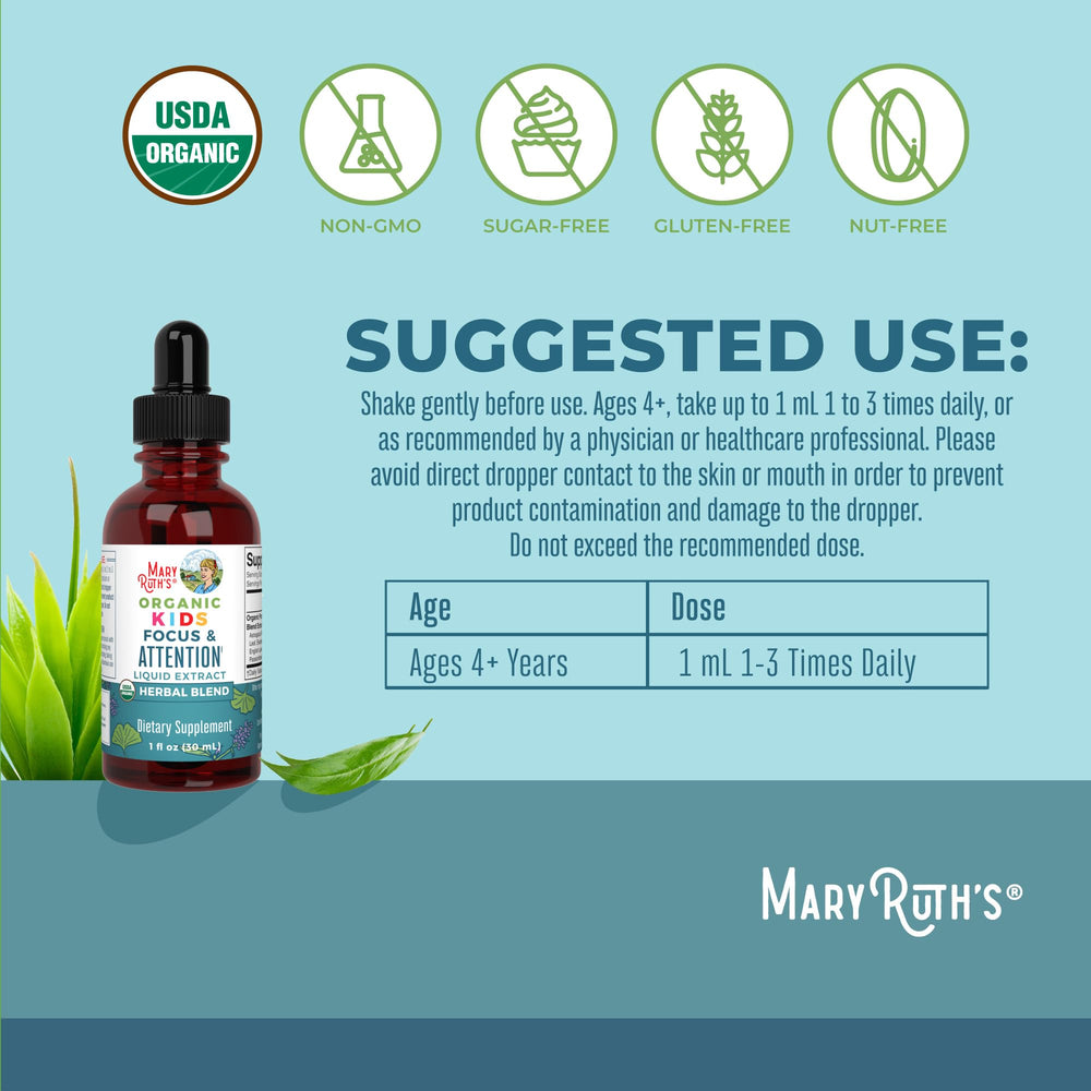 MaryRuth Organics Kids Focus Drops label shows USDA Organic and vegan formula