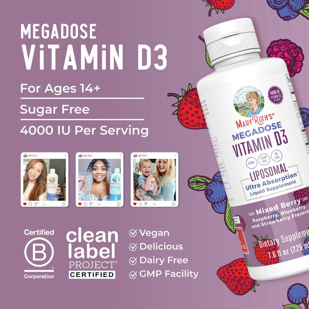 MaryRuth Megadose D3 gluten-free and dairy-free symbol highlights dietary compatibility.