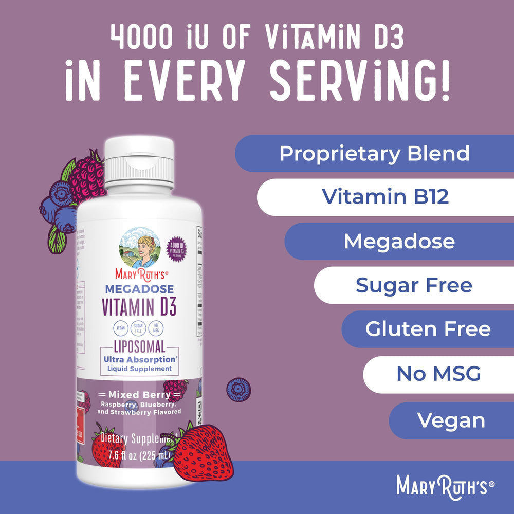 MaryRuth Megadose D3 non-GMO badge signals product integrity and clean ingredients.