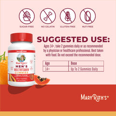 MaryRuth bottle on counter highlights vegan, non-GMO vitamins for men.