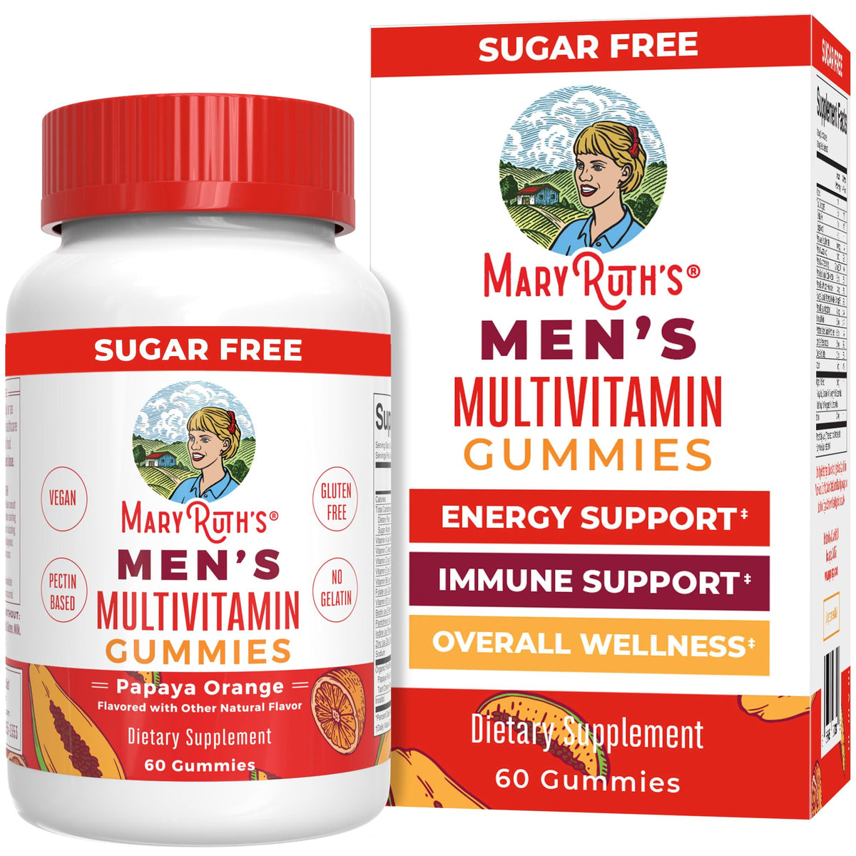 MaryRuth Organics men's multivitamin gummies papaya orange bottle supports daily energy and wellness.