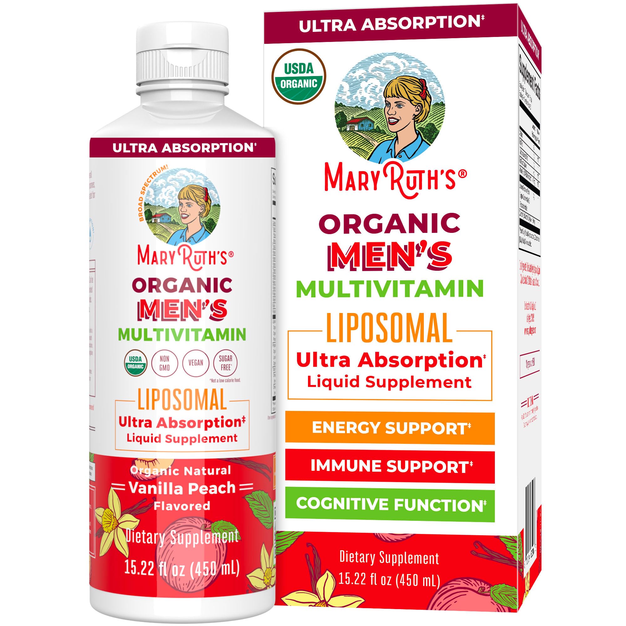 MaryRuth Organics men's multivitamin liquid bottle supports daily wellness and immune health.