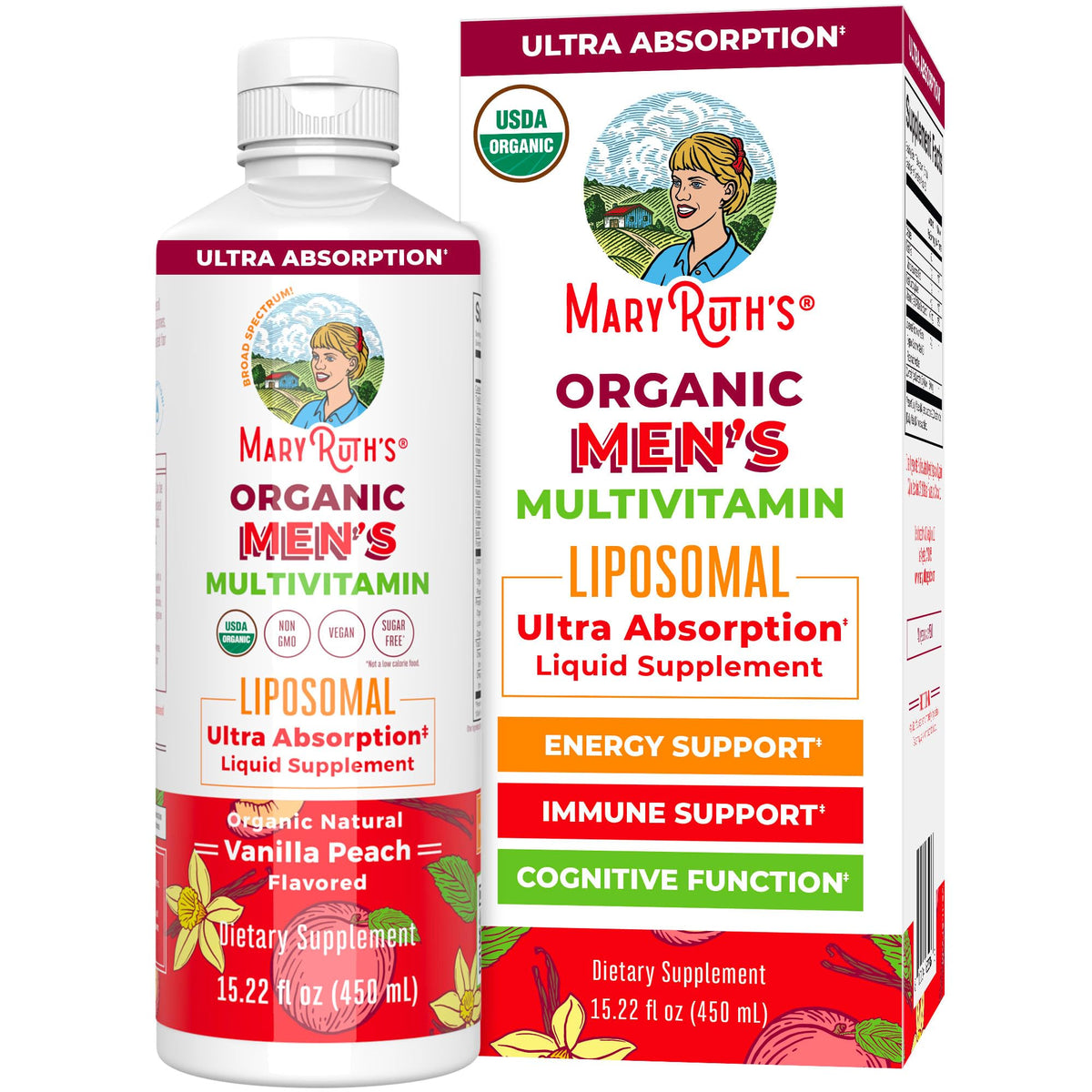 MaryRuth Organics men's multivitamin liquid bottle supports daily wellness and immune health.