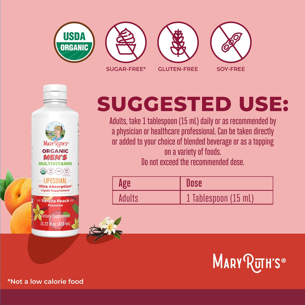 MaryRuth Organics men's multivitamin liquid dosage shows precise measurement for daily use.