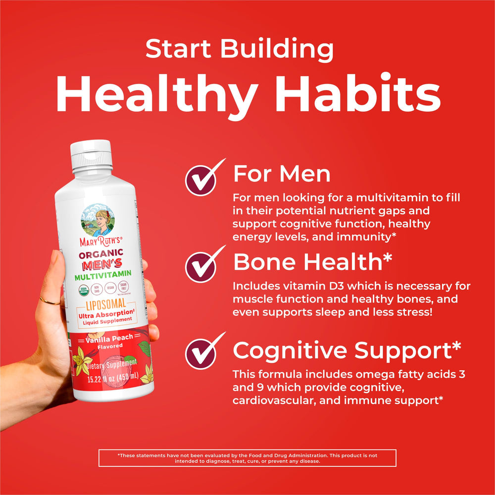 MaryRuth Organics men's multivitamin liquid glass bottle emphasizes premium packaging.