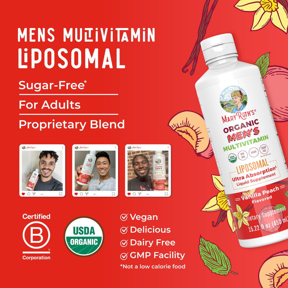 MaryRuth Organics men's multivitamin liquid in use during morning routine.