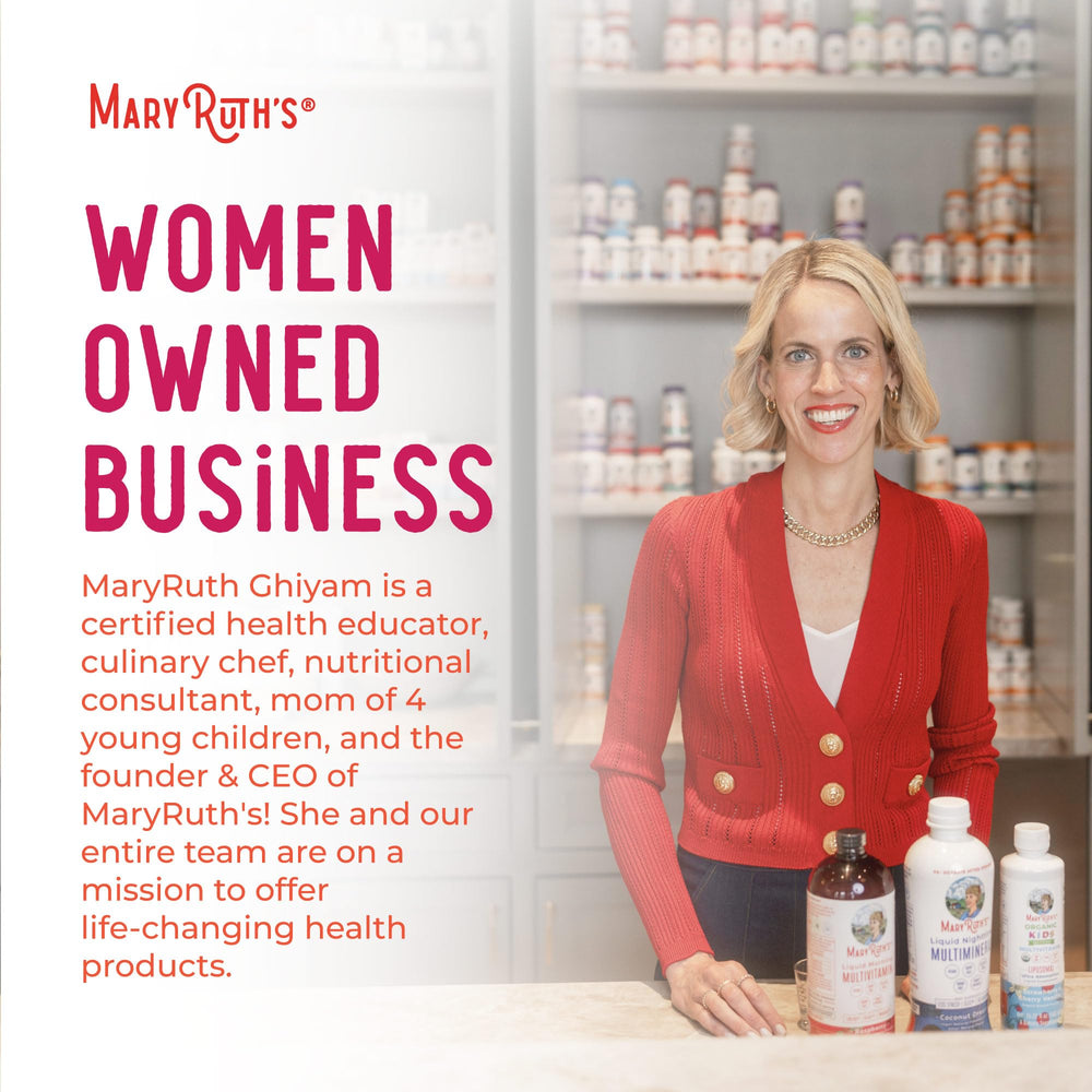 Woman balancing routine with MaryRuth Organics 3-in-1 daily health scene