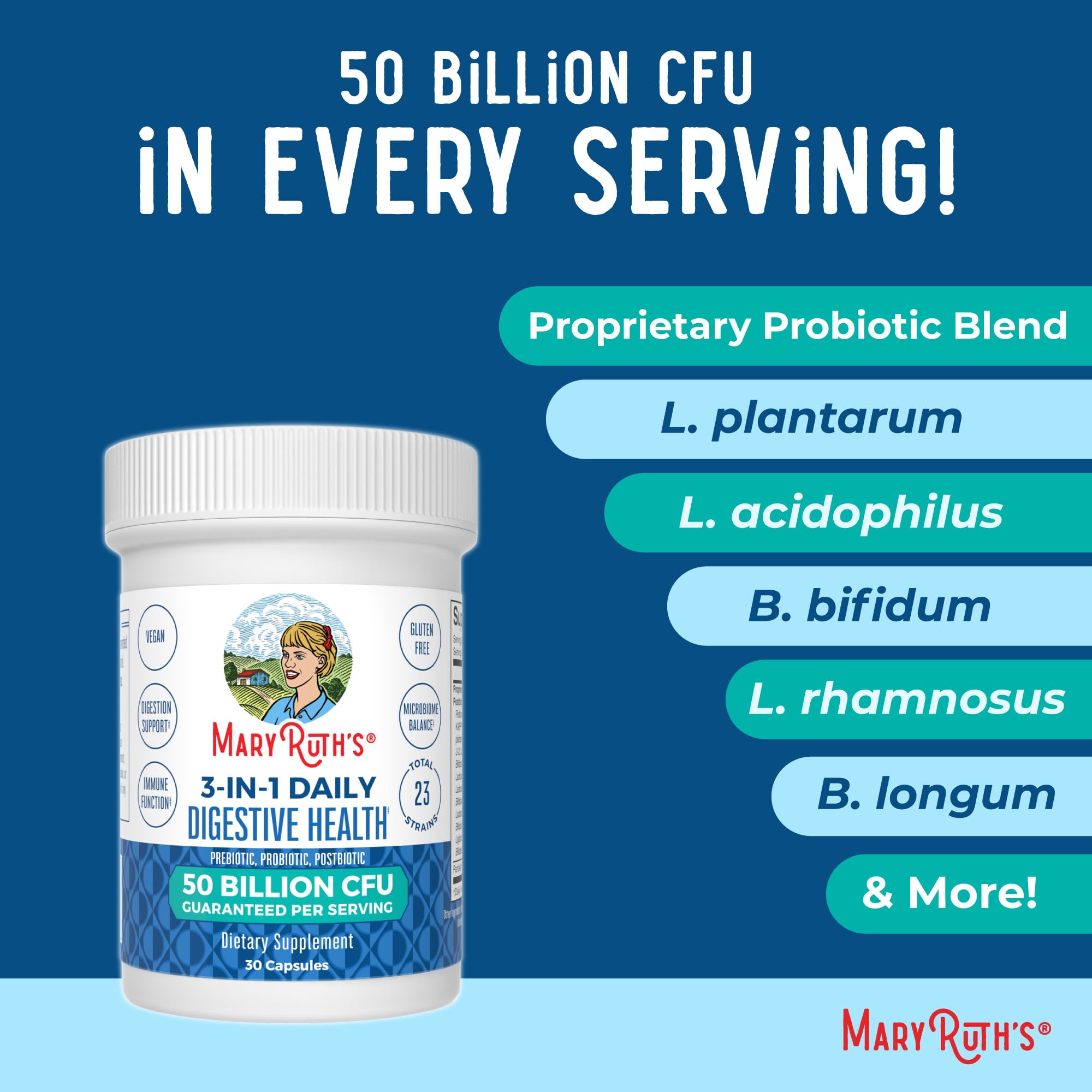 MaryRuth Organics 23 strains graphic emphasizing gut diversity