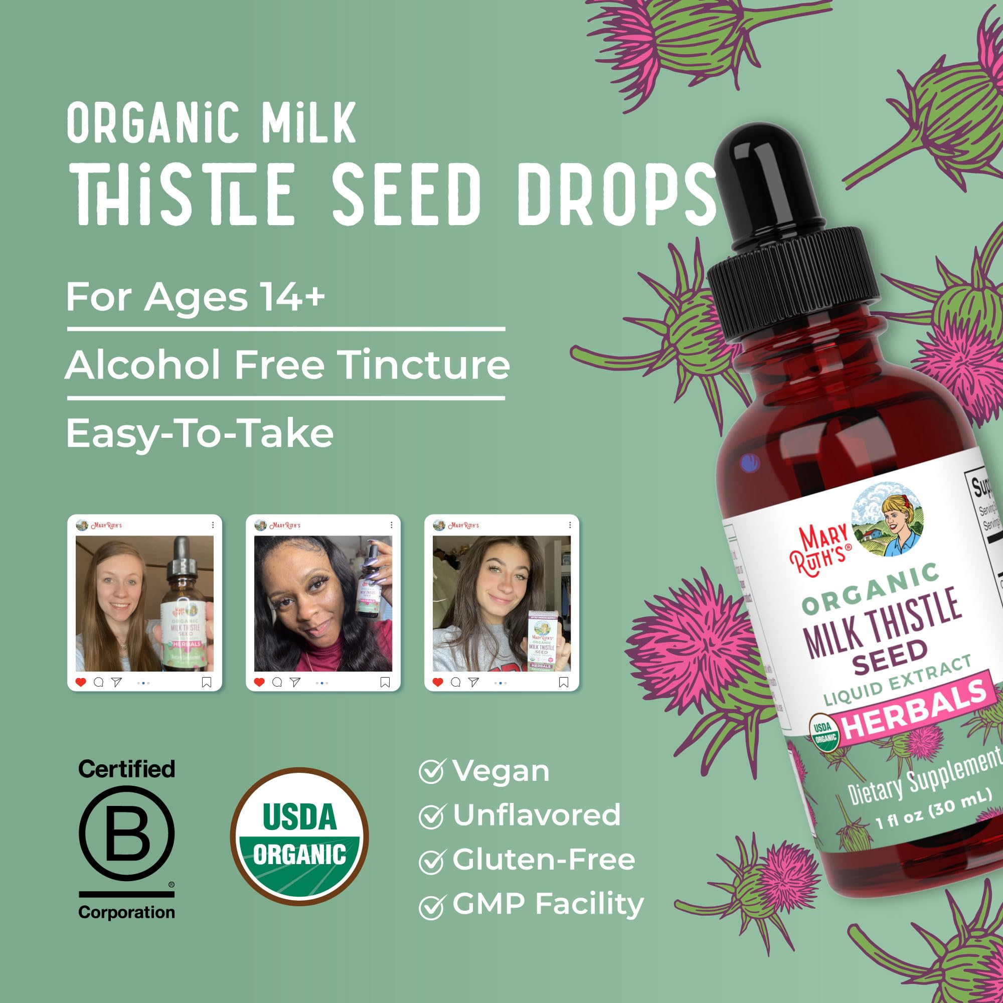MaryRuth Organics alcohol-free liquid tincture bottle highlights convenient use without capsules