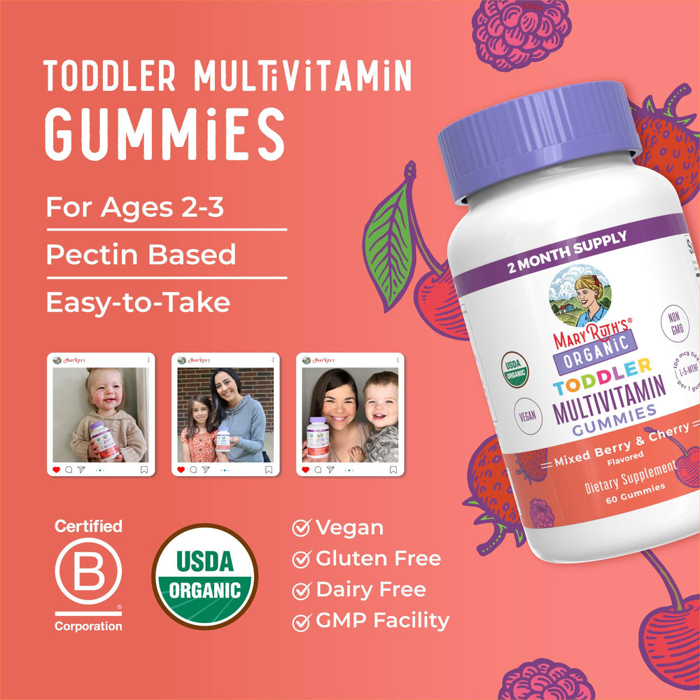 MaryRuth Organics allergen-friendly gummies labeled dairy-free, nut-free, and soy-free.