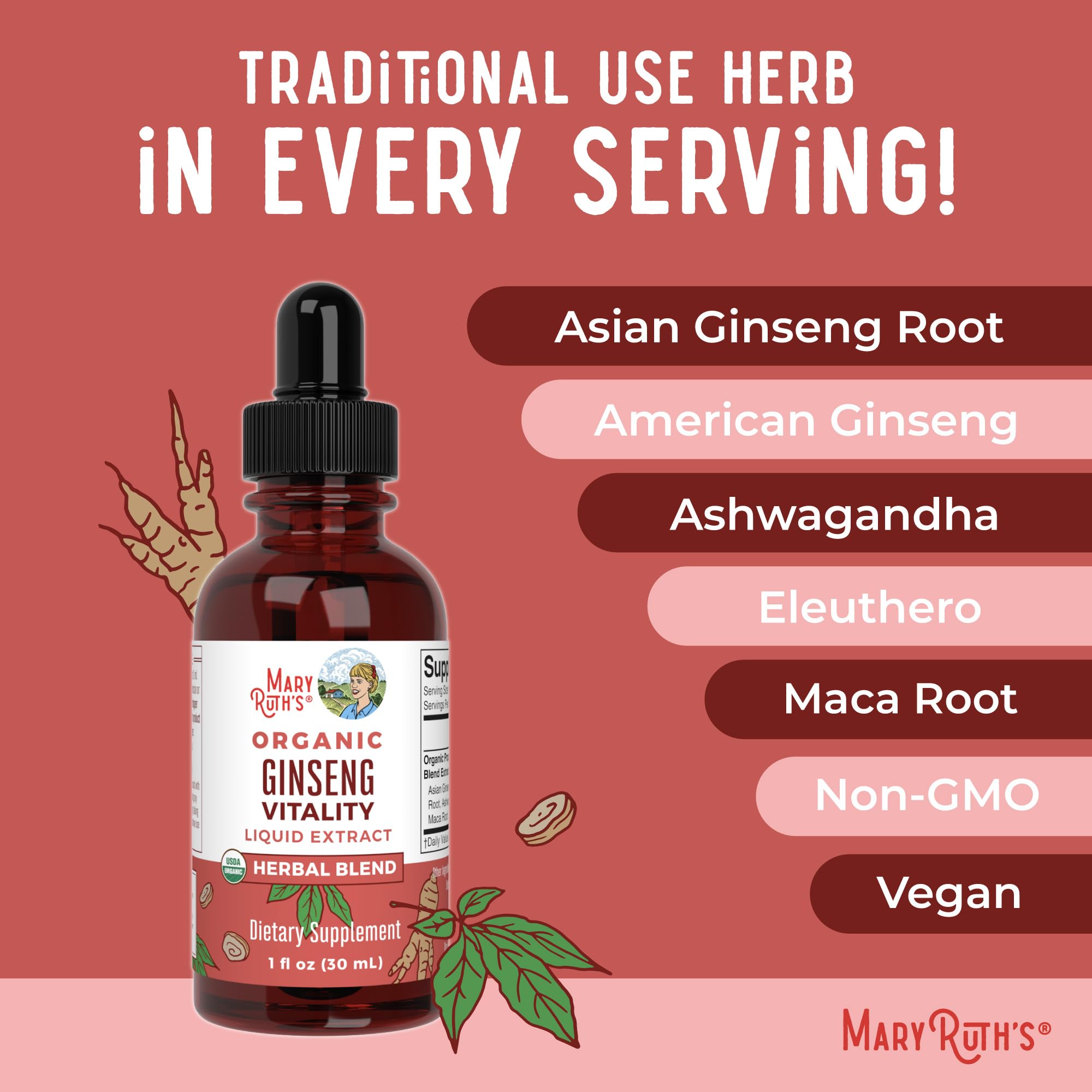 MaryRuth Organics American ginseng root bottle highlights vitality.