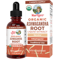 MaryRuth Organics Ashwagandha Drops bottle close-up for calm relaxation