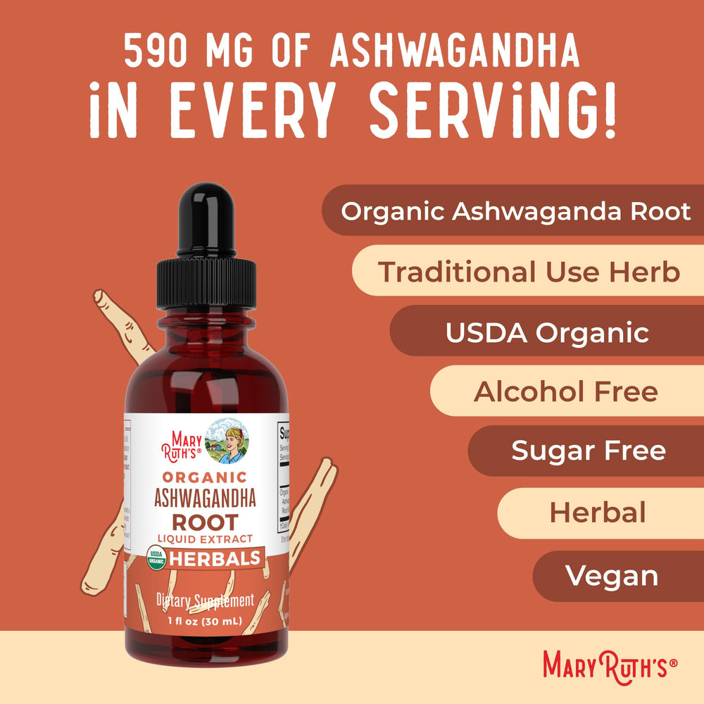 MaryRuth Organics Ashwagandha Drops glass with water for calm moments