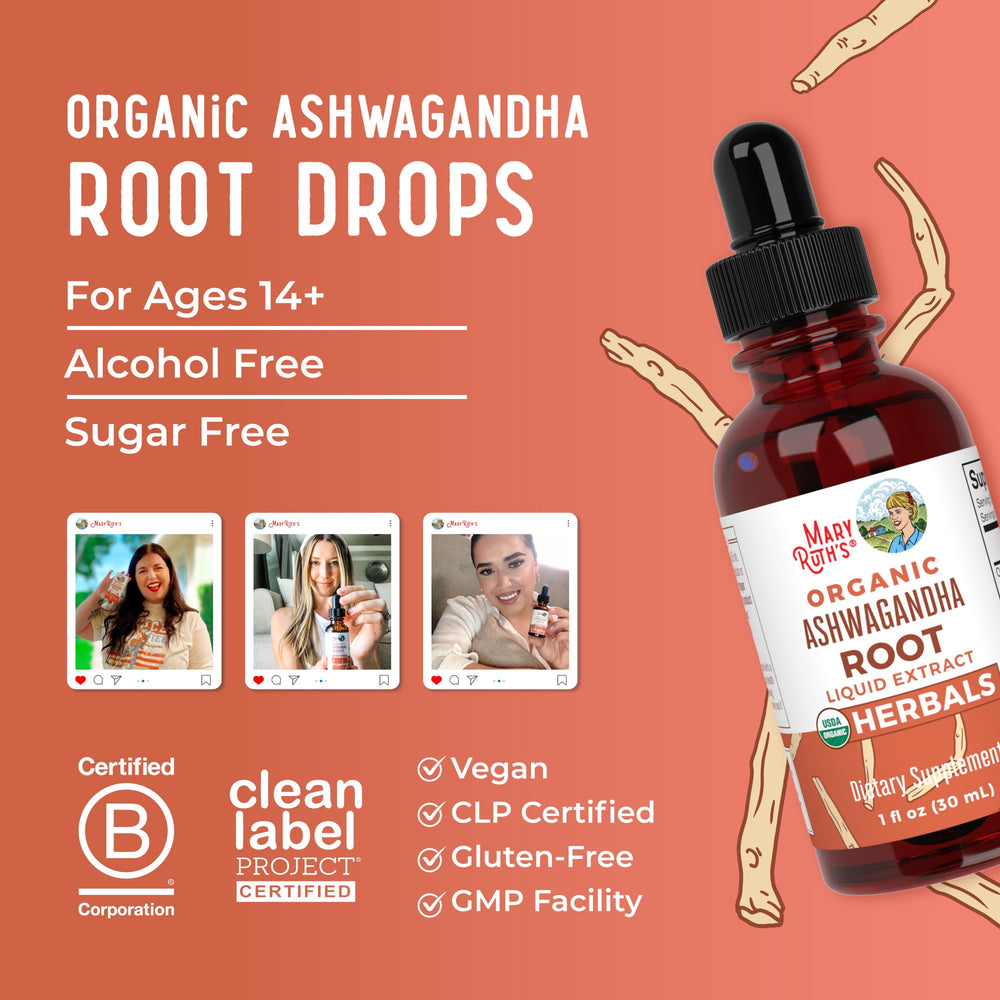 MaryRuth Organics Ashwagandha Drops kitchen-scene ready for daily ritual