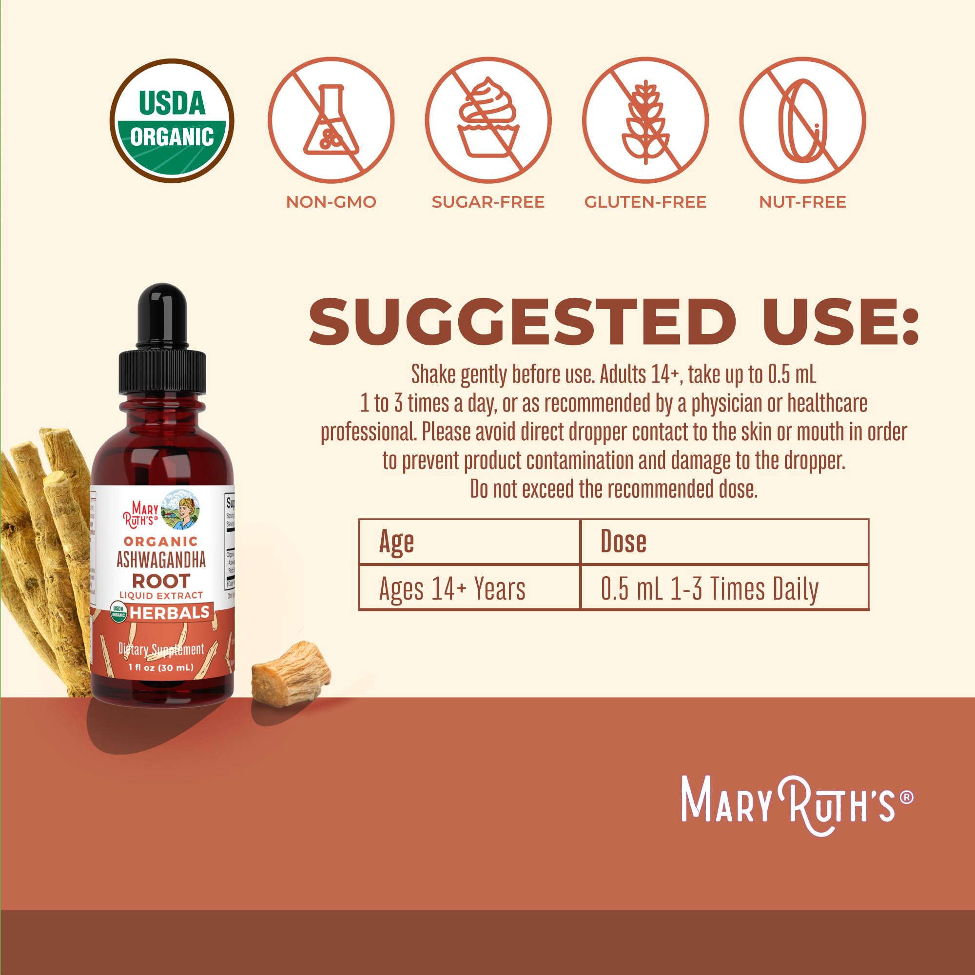 MaryRuth Organics Ashwagandha Drops label highlights organic calm-support