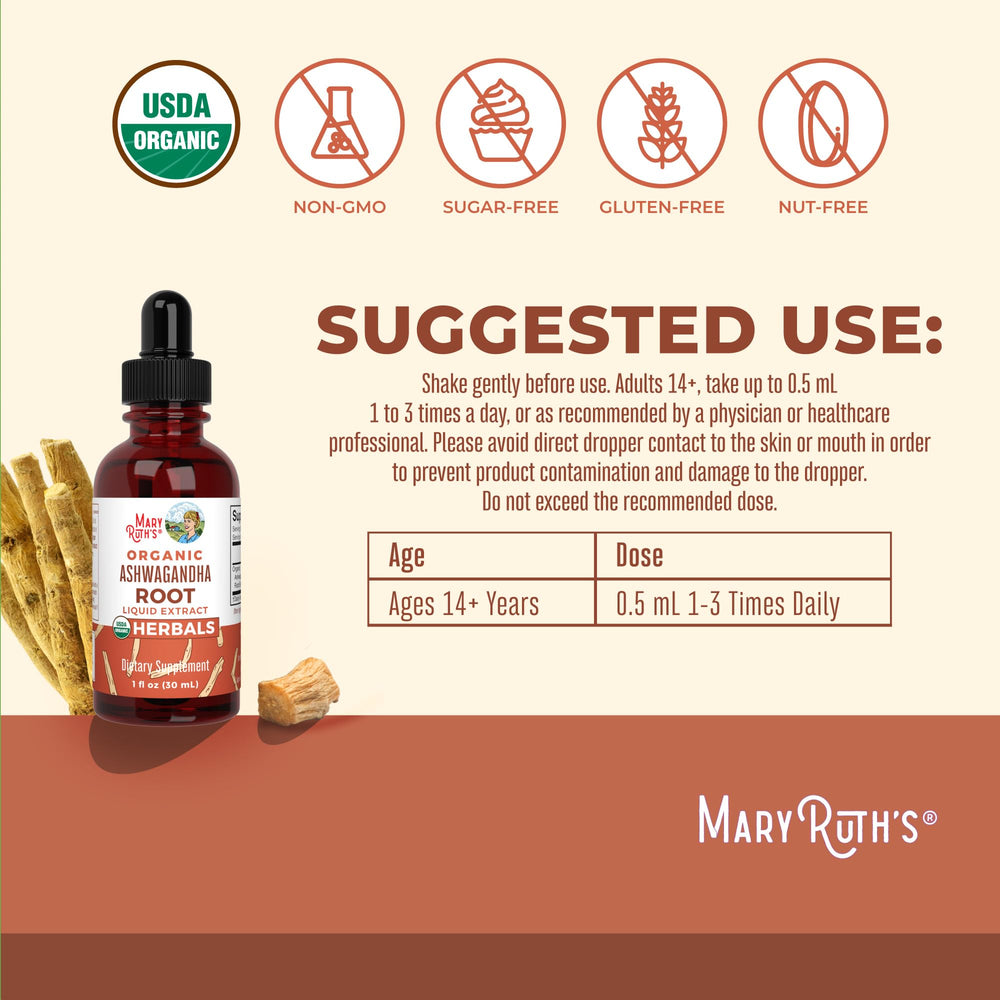MaryRuth Organics Ashwagandha Drops label highlights organic calm-support