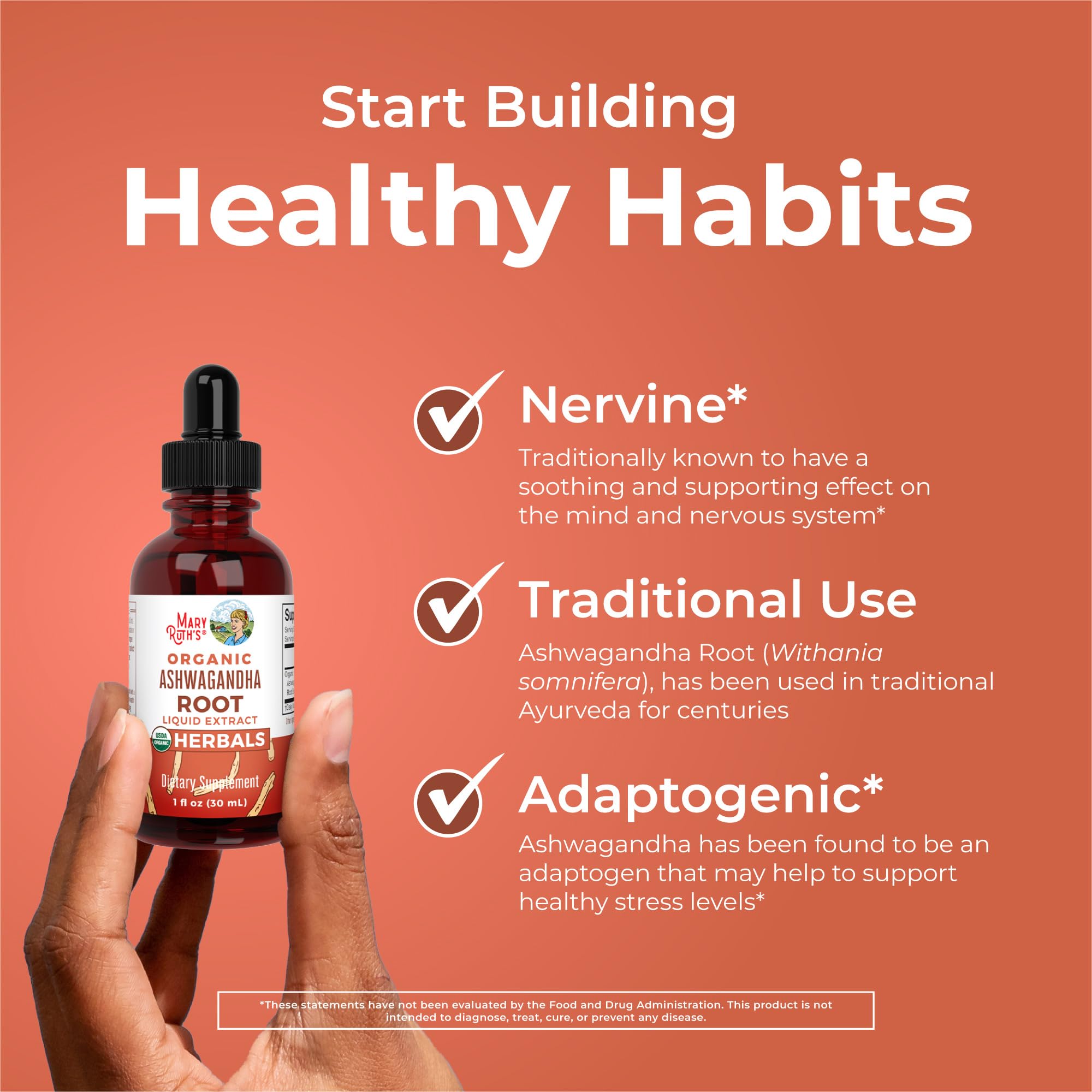 MaryRuth Organics Ashwagandha Drops pour demonstrates simple dosing