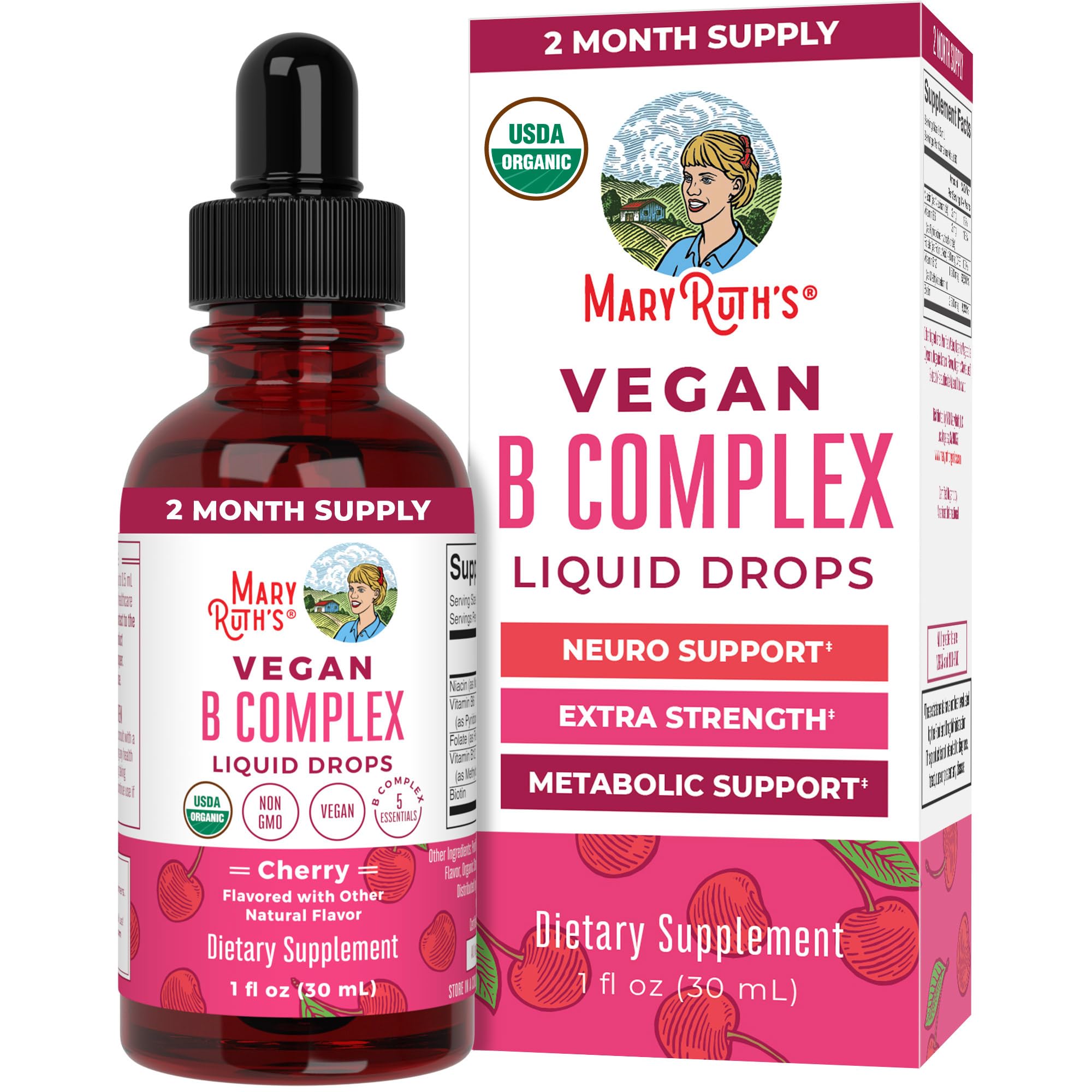MaryRuth Organics B Complex bottle pouring for daily metabolic wellness